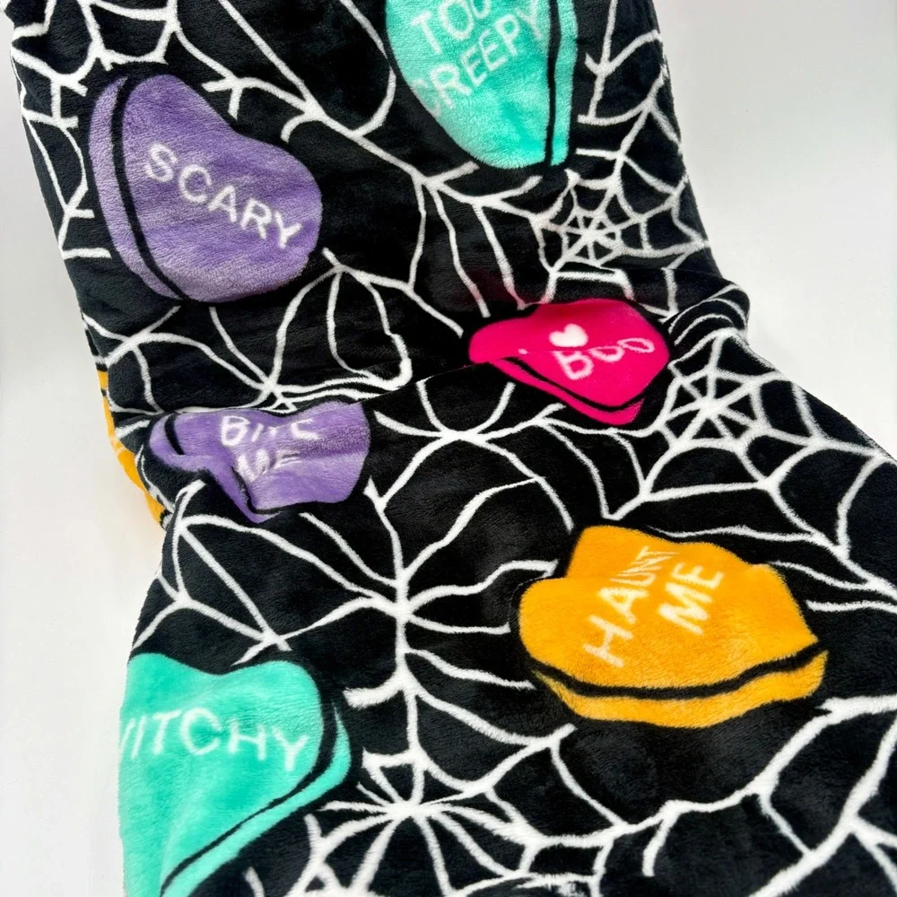 Betsey Johnson Halloween Candy Conversation Hearts Spiderweb Plush Throw Blanket